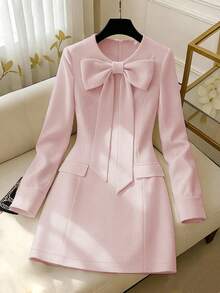 GlowEve Women's Elegant Long Sleeve Dress With Bow Decor - Baby Pink - View 1