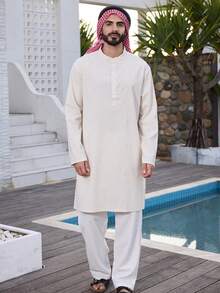 DAZY Mid-Length Apricot Side Slit Design Long Sleeve Men's Shirt, Summer - Multicolor - View 1