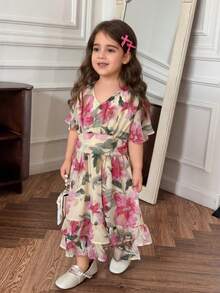 DAZY Young Girl Floral Pattern V-Neck Ruffle Sleeve Fashion Dress - Multicolor - View 1