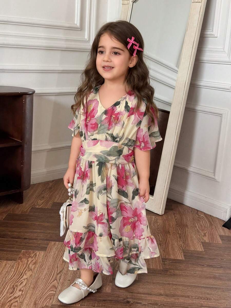 DAZY Young Girl Floral Pattern V-Neck Ruffle Sleeve Fashion Dress - Multicolor - View 1