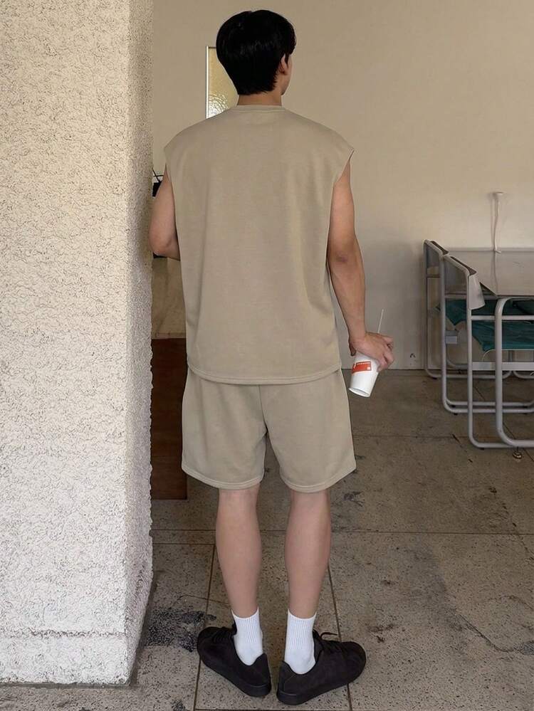 Khaki Vest & Shorts Set For Men, Summer
