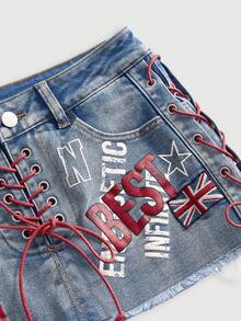 ROMWE Grunge Punk Minifalda ajustada de mezclilla con diseño de cordón de contraste y parche con estilo de bandera del Reino Unido - Azul - Ver 3
