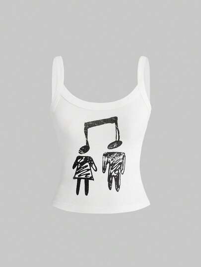 ROMWE Cute Musical Note Graphic Minimalist Fitted Tank Top