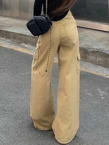 DAZY 女士口袋纽扣休闲百搭日常穿着阔腿牛仔裤 - 杏色 - 查看 2