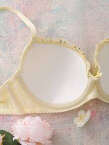 Cream Yellow Bra With Embroidered Lace, Lift And Enhance Underwire Bra - Yellow - View 5