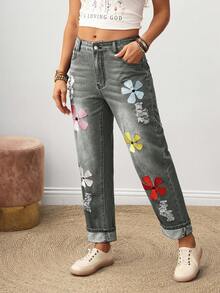 SHEIN LUNE Women's Floral Embroidered Pocket Straight Leg Casual Versatile Jeans - Grey - View 5