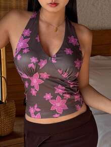DAZY Top de tirantes con cuello halter con estampado floral y almohadilla de sujetador incorporada para mujeres, adecuado para vacaciones de verano - Gris - Ver 9