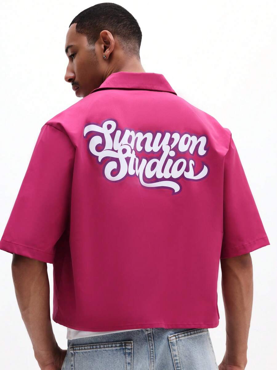 SUMWON Men's Crop Fit Short Sleeve Button Down Shirt With Back Print Collared Top Summer Casual Style - Purple - View 1