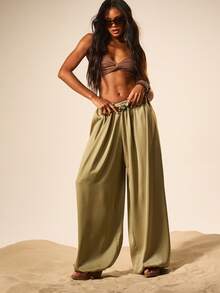 MISSGUIDED Women High Rise Wide Leg Palazzo Pants Flowy Boho Summer Beach Vacation Casual Loose Fit Trousers - Green - View 1
