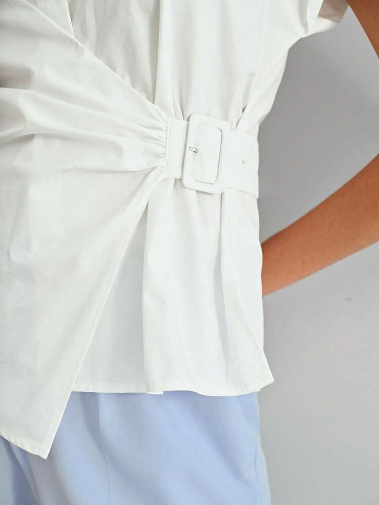 MOTF STUDIO SOLID BATWING SLEEVE BUCKLE RUCHED SIDE BLOUSE