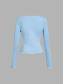 SHEIN MOD 女士撞色蕾丝长袖单排扣二合一T恤浅蓝色上衣婴儿蓝上衣短款上衣女士上衣蕾丝长袖上衣 - 藍色 - 查看 2