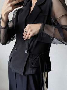 FRIFUL Women's Fashion Commuter Mesh Patchwork Double-Breasted Blazer - Black - View 6