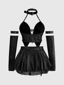 ROMWE Gothic Punk Charm Anime Cosplay Sexy Outfit, Faux Leather Devilish Set - Black - View 2