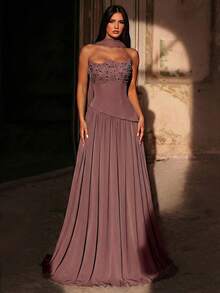 Glamrae Elegante vestido de gasa azul nebuloso de lujo con pedrería hecho a mano, 2 en 1 con cuello colgante de lentejuelas desmontable, adecuado para todas las ocasiones formales, elegante vestido de noche - Rosa vieja - Ver 7