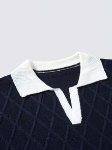 Manfinity Homme Camiseta casual de punto de manga corta con contraste de color para hombre - Azul Marino - Ver 3