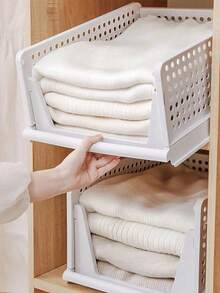 Stackable Plastic Storage Basket, Foldable Wardrobe Partition, Storage Box, Drawer Rack, Suitable For Storage Containers In Wardrobes, Cabinets, Kitchens, Bathrooms, And Offices - White - View 10