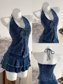 Elamini Women's Backless Halter Tie Denim Jacket - Blue - View 7