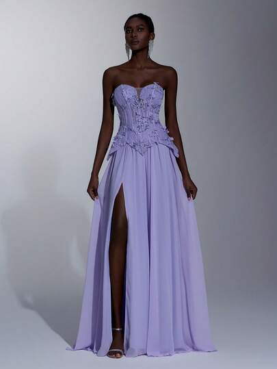 Elitara Elegant Luxurious Elastic 3D Floral Lace & Sequin Splicing Chiffon Ruched Sexy Strapless Maxi Dress With Halter And High Slit, Suitable For Weddings, Events, Parties, Vacations, Galas