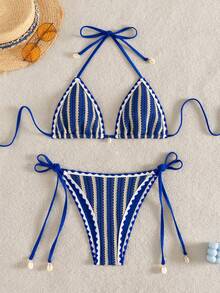 Swim Mod Bộ bikini kẻ sọc buộc dây phía trước - Nhiều màu - Xem 6