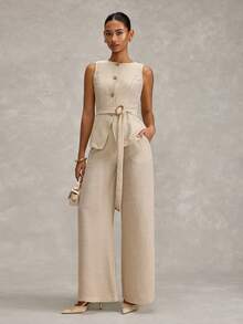 SHEIN 女士两件套服装背心和裤子套装 - 米色 - 查看 2