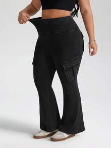 SHEIN PETITE CURVE Plus Size Casual Washed High Waist Flare Leg Cargo Jeans - Black - View 7