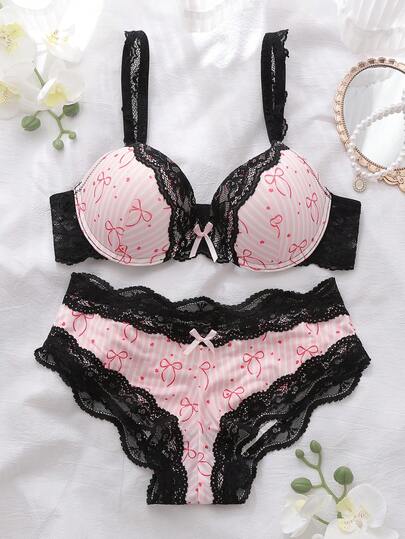 DelicateAllure 2 piezas Conjunto de sujetador acolchado y panty rosa, decoración de lazo a rayas en contraste, con soporte y elevación, conjunto de lencería encantador y adorable para mujer