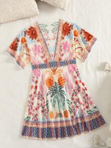 Swim Vcay 泳装度假夏季休闲女式罩衫连衣裙，简约印花短袖沙滩度假宽松连衣裙 - 彩色 - 查看 6