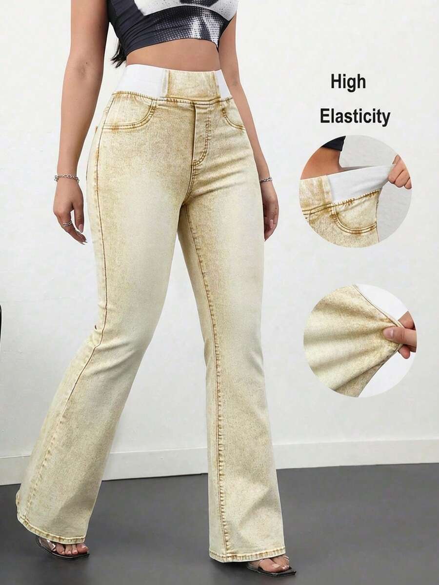 SHEIN Tall Women's Jeans Casual Skinny Stretch Flared Pants Blue Skinny Jeans High Waist Flared Pants Tall Women's Jeans Summer - Khaki - View 1