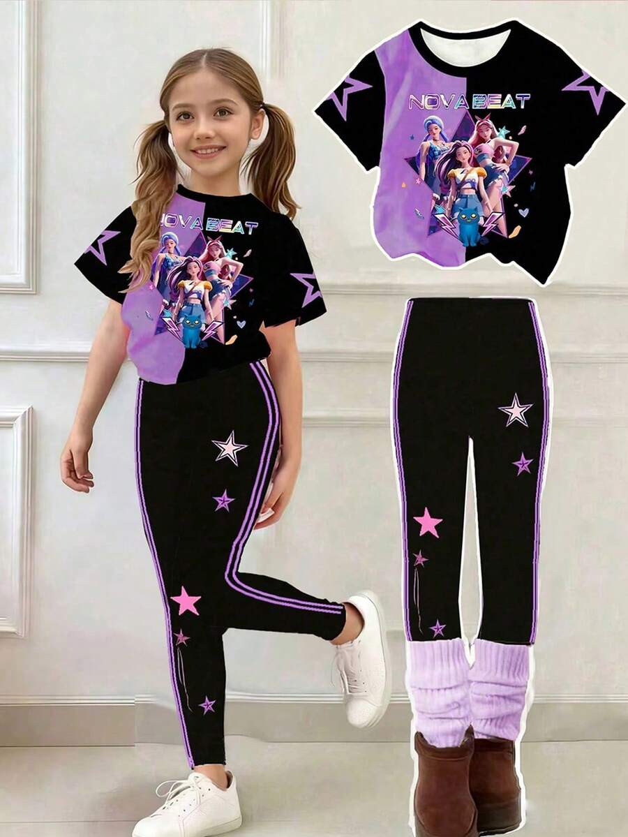 2件套少女K-Pop卡通人物图案圆领短袖T恤和打底裤套装，适合K-Pop粉丝日常穿着，休闲上衣适合日常、户外、运动和上学穿着，春夏四季皆宜的女孩休闲套装。青少年女孩休闲T恤和打底裤套装，适合青少年女孩。 - 黑色 - 查看 1