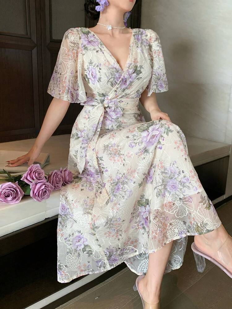 V-Neck Ditsy Floral Tie-Waist Dress, Vacation Elegant Slimming Long Dress For Women Maxi Dress Sundress Boho