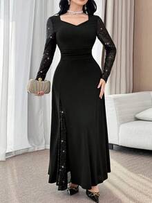 Feyla Vestido elegante con parches de lentejuelas y cuello de corazón con cintura ceñida, talla grande, otoño - Negro - Ver 6