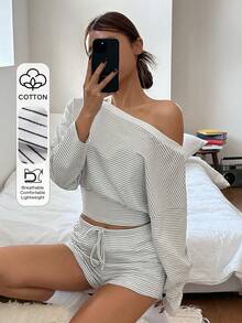 DAZY Casual Striped Asymmetrical Shoulder Women Pajama Set - White - View 3