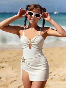 Tween Girls' One-Piece Swimsuit, Elegant Solid Beige Knit Fabric, Spaghetti Strap, Star Accent, Skirt Bottom, 2-Piece Fashionable Casual Sophisticated Design, Suitable For Swimming, Summer Vacation, Beach, Pool, Holiday Party - Beige - View 6