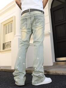 Manfinity EMRG Men's Retro Washed Star Rhinestone Horseshoe Embellished Flared Leg Jeans, Streetwear - Light Wash - View 2