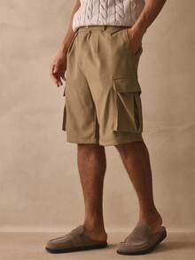 Musero Long Line Baggy Button Fastening Double Side Pleats And Side Patch Cargo Style Pocket Shorts Utility Bottoms Spring Summer Essentials - Khaki - View 3