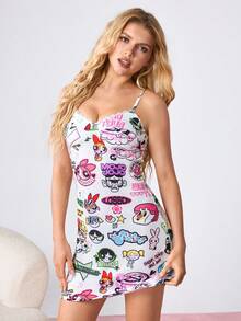 THE POWERPUFF GIRLS X SHEIN Women's Cartoon Print Fitted Camisole Nightgown, Summer - White - View 5
