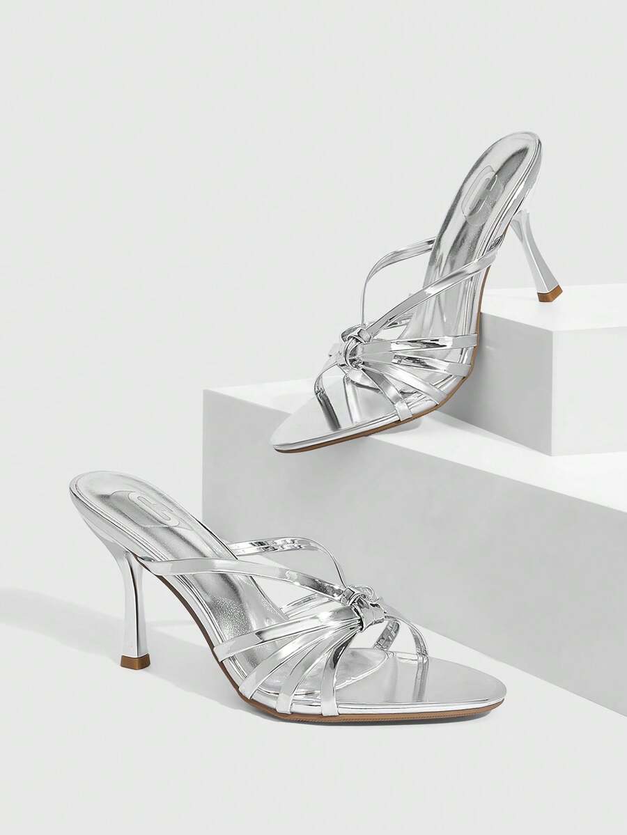 CUCCOO SZL Women Shoes Spring And Summer New Round Toe Stiletto Silver Stripe Women's High Heel Sandals Fashion Comfortable Versatile Sexy Party Women Sandals Slippers - Silver - View 1