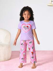 THE POWERPUFF GIRLS X SHEIN Young Girl Heart Cartoon Print Short Sleeve Top And Pants Casual Loungewear Set - Multicolor - View 4