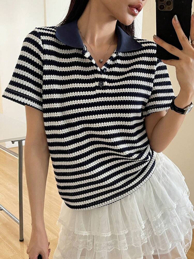 Women's Summer Polo Collar Colorblock Striped Patchwork Pullover Casual Elegant T-Shirt