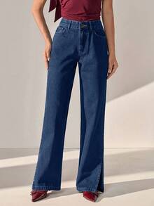 CLARA VERO Low Waist Side Slit Elegant Straight Jean - Dark Wash - View 3