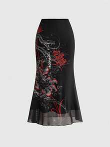 ROMWE Goth Spring/SummergraphicblackDark Academia Chinese Style Hibiscus & Snake Skin Print Bodycon Mermaid Skirt - Black - View 3