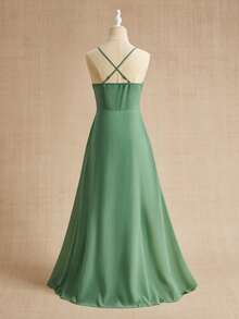 Elegant Chiffon One-Shoulder Ruffle Collar Spaghetti Strap Waist Slit Dress, Suitable For Weddings, Proms, Birthdays, Parties, All Seasons - Green - View 2