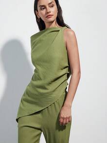 Aveloria Modichic Women's Elegant Olive Green Two-Piece Set Summer Faux Linen One Shoulder Ruched Knot Asymmetric Hem Tops & Wide Leg Pants Minimalist Brunch Outfits - Green - View 3