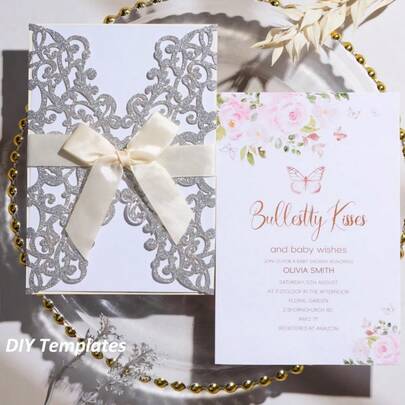20PCS 7x5 Inch Glitter Floral Laser Cut Silvery Wedding Invitation Cards With Envelopes Inner Sheets Ribbon For Wedding Engagement Bridal Shower Party Elegant Stationery Set