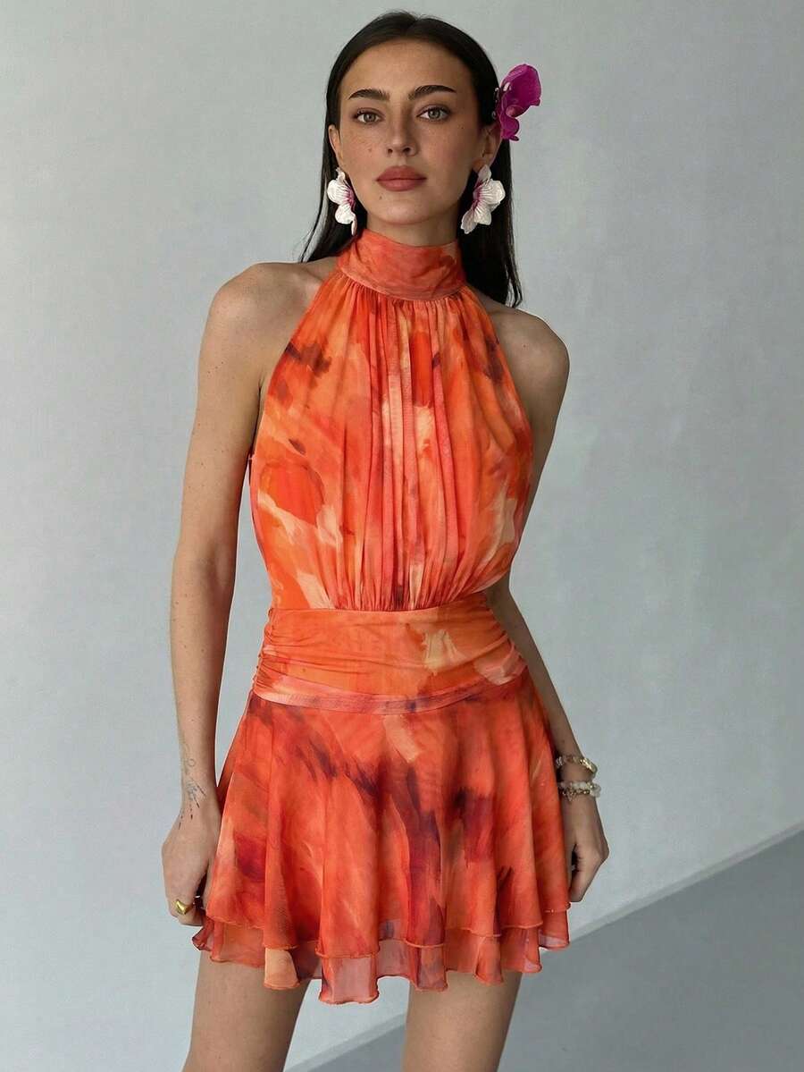 Aloruh 新款春夏无袖高领印花网纱褶皱层叠下摆露背迷你连衣裙，适合度假、约会、下午茶、旅行、音乐节、波西米亚风等场合。 - 橘色 - 查看 1