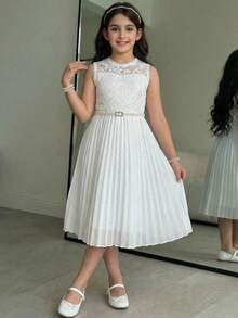 SHEIN Tween Girl Spring/Summer Elegant Lace Patchwork Pleated Dress Tween Girl - White - View 3