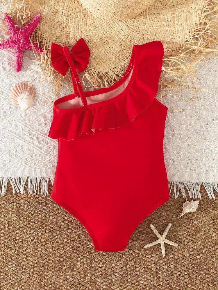 Emery Rose Kids Emery Rose Kids Young Girl Solid Color Ruffle Trim Casual Camisole Bikini Top, Girls Red Swimsuits, Girls Bathing Suits Red, Girls One Piece Swimsuit, Matching Bathing Suits Kids, Ruffle Swimsuit,Kids - Black and White - View 6