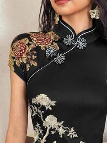 EastFlair 女士优雅新款中国风碎花修身连衣裙，夏季 - 黑色和金色 - 查看 4