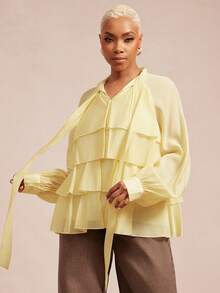 Vixey Sheer Textured Chiffon Tiered Peplum Hem Balloon Sleeve Scarf Top - Yellow - View 2
