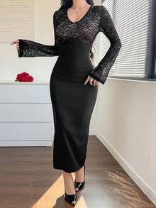 DAZY Women's Contrast Lace V-Neck Flare Sleeve Fitted Elegant Dress Sundress - Black - View 2
